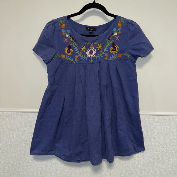 XXI Dresses & Skirts - Forever 21 boho embroidered Mexican style oversized blouse blue & multicolored M
